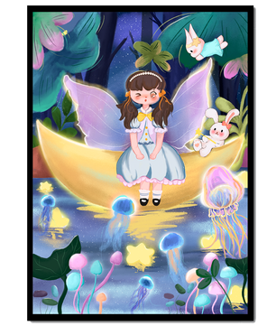 Enchanting fairy scene with glowing jellyfish and moon backdrop