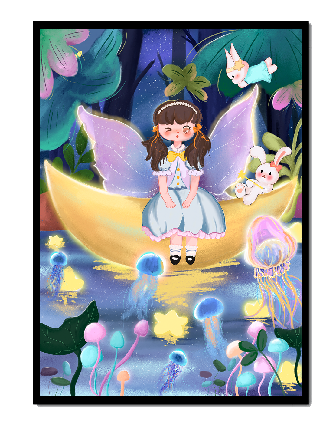 Enchanting fairy scene with glowing jellyfish and moon backdrop