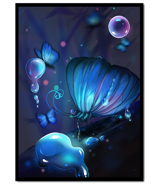 Illuminated Blue Butterflies with Glowing Bubbles in Enchanted Darkness
