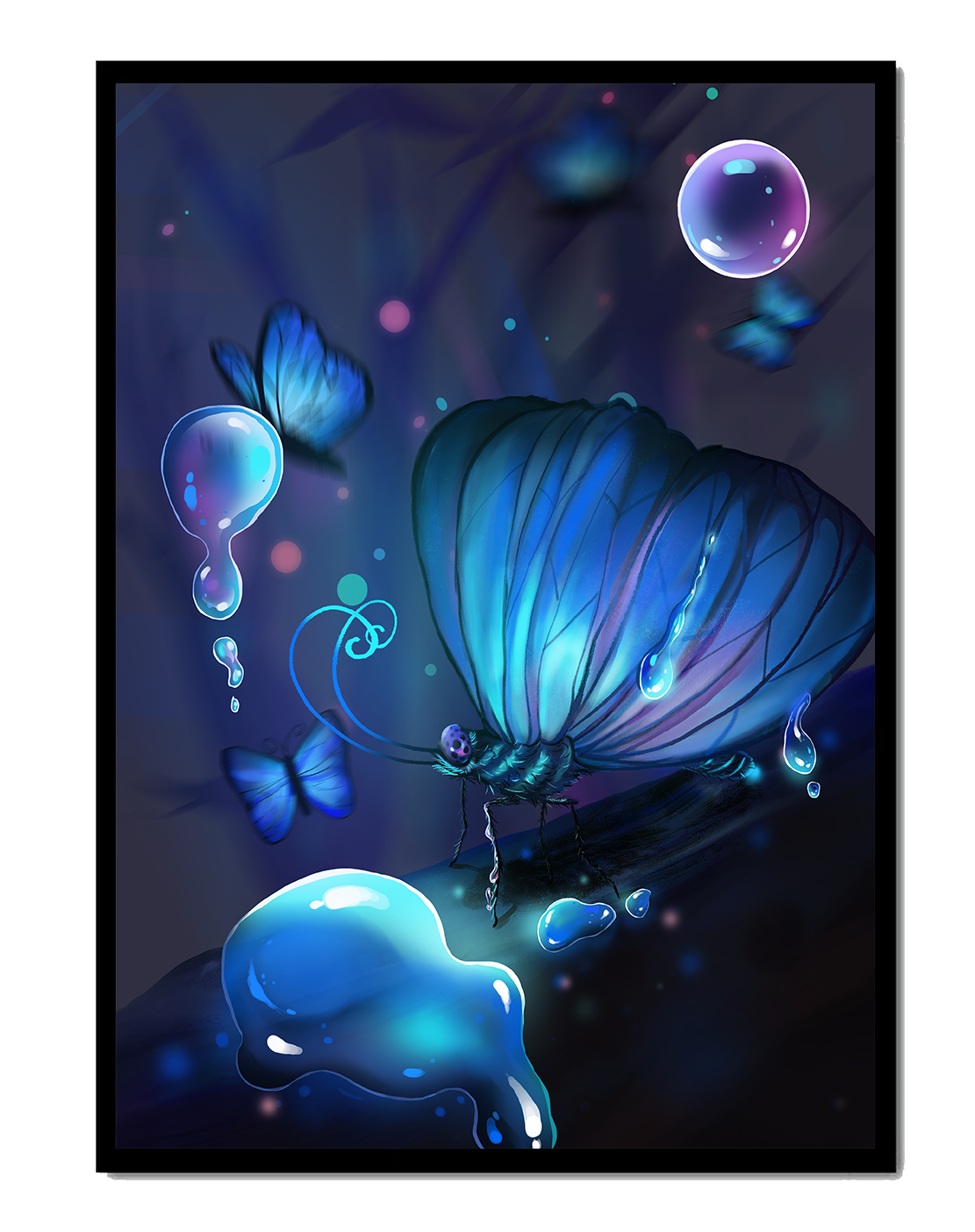 Illuminated Blue Butterflies with Glowing Bubbles in Enchanted Darkness