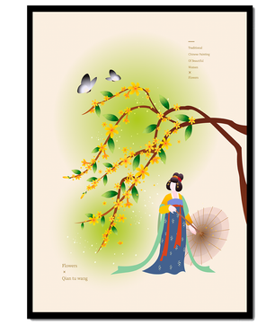 Traditional Chinese painting featuring a woman with flowers and butterflies