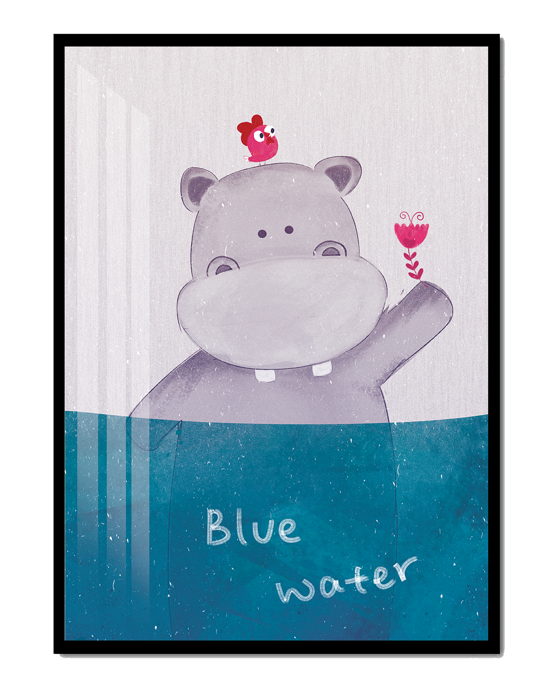 Whimsical illustration of a hippo with a pink bird and water background