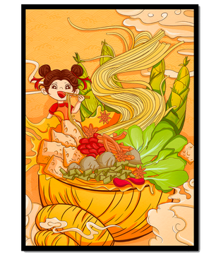 Ilustración colorida de un niño disfrutando de un tazón de fideos con verduras