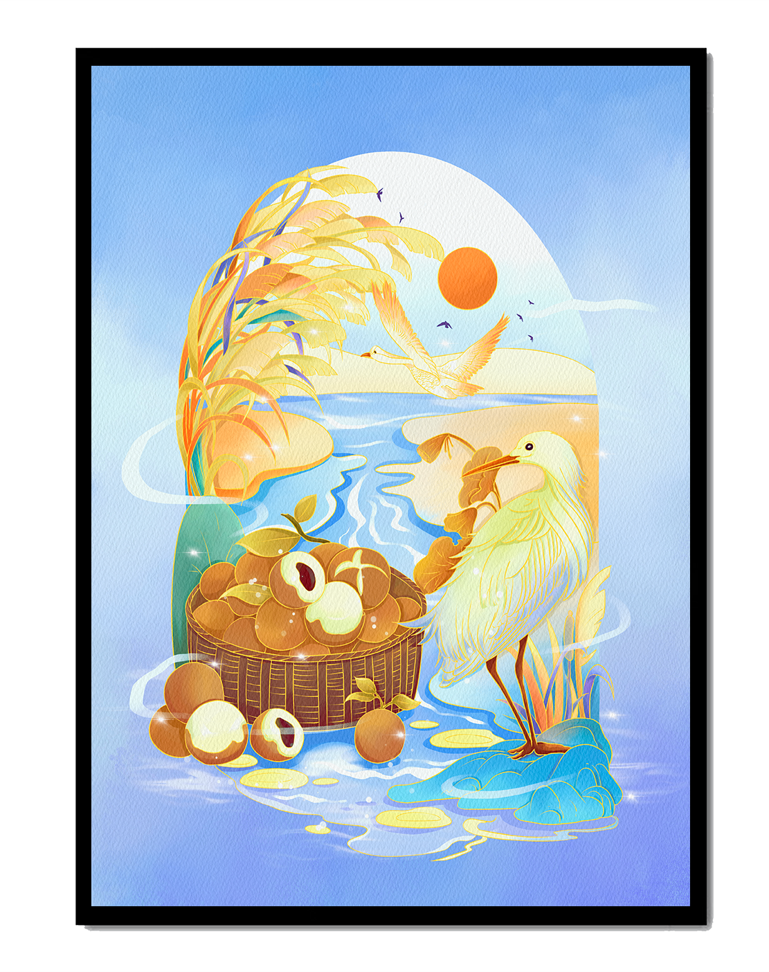 Serene landscape with a bird, fruit basket, and golden reeds under a bright sun