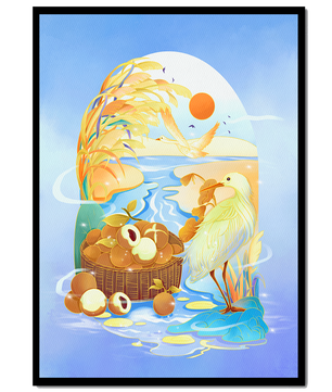 Serene landscape with a bird, fruit basket, and golden reeds under a bright sun