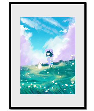 A Little Girl in a Purple Dress and Hat with a White Rabbit in a Flower Field Under a Blue Sky