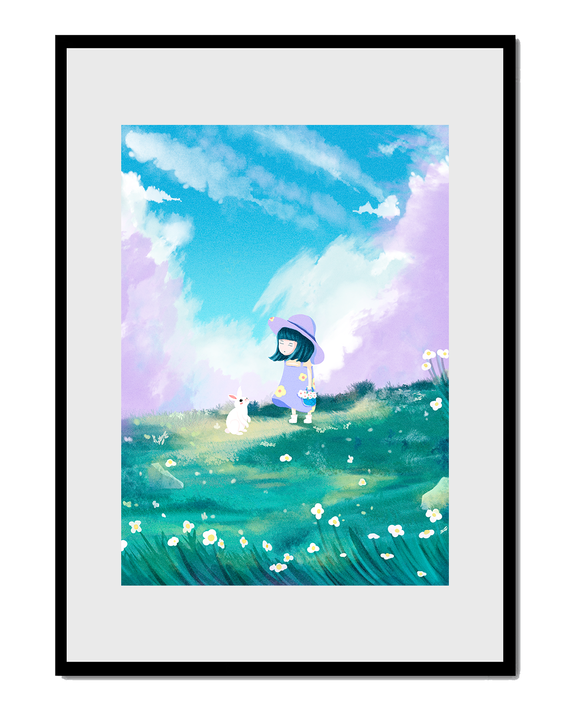 A Little Girl in a Purple Dress and Hat with a White Rabbit in a Flower Field Under a Blue Sky