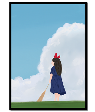 Junges Mädchen steht auf Gras mit Besen unter blauem Himmel