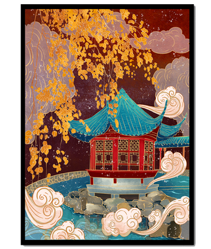 Traditional Chinese Pavilion with Gold Leaves and Clouds