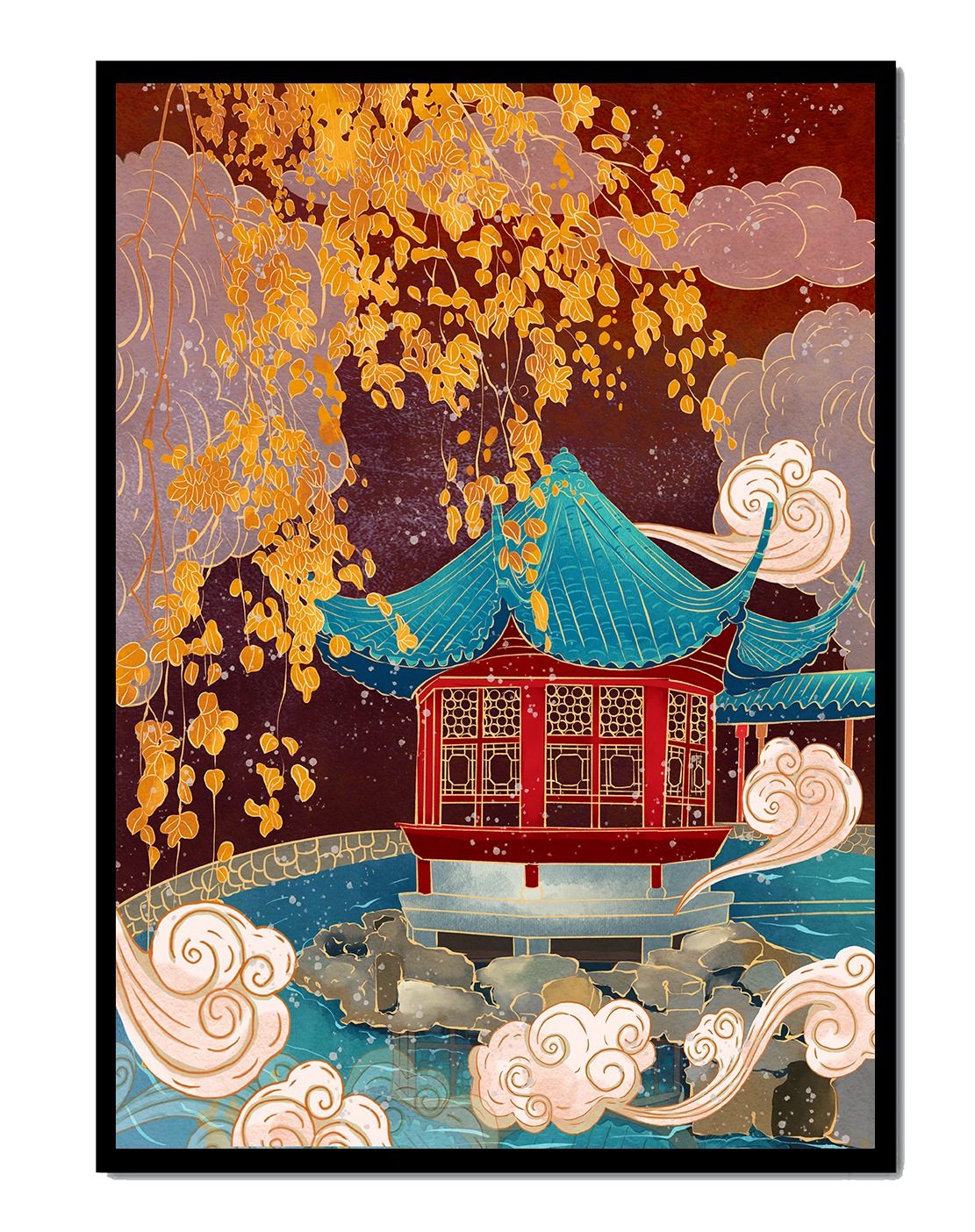 Pabellón chino tradicional con hojas doradas y nubes