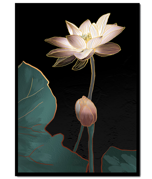 Flor de loto con detalles dorados sobre fondo oscuro