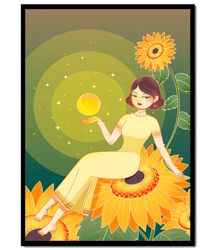 Elegant illustration of a woman on sunflowers with glowing orb