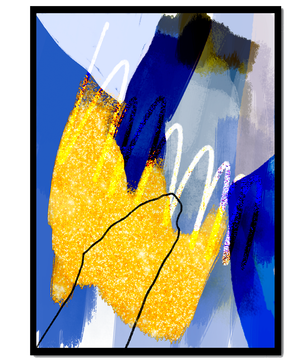 Pintura abstracta azul y amarilla con detalles dorados