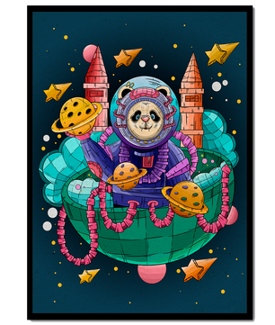 Whimsical space panda illustration with planets and stars
