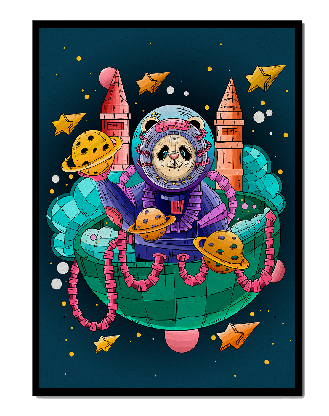 Whimsical space panda illustration with planets and stars