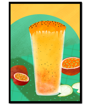 Illustrated tropical passion fruit drink with fresh slices