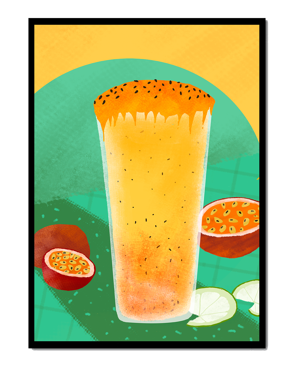 Illustrated tropical passion fruit drink with fresh slices