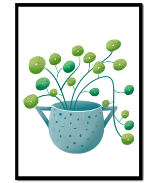 Ilustración minimalista de una planta pilea verde en una maceta de cerámica azul