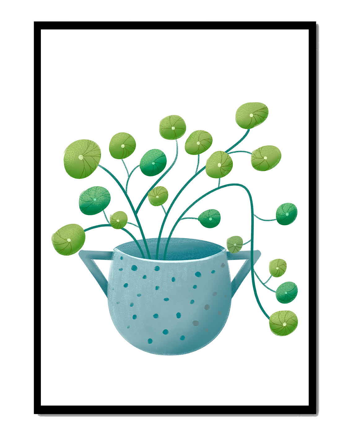 Ilustración minimalista de una planta pilea verde en una maceta de cerámica azul