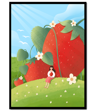Paysage serein avec d'énormes fraises et une femme dans une prairie en fleurs