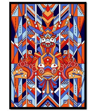 Arte tribal geométrico con colores vibrantes y patrones simétricos