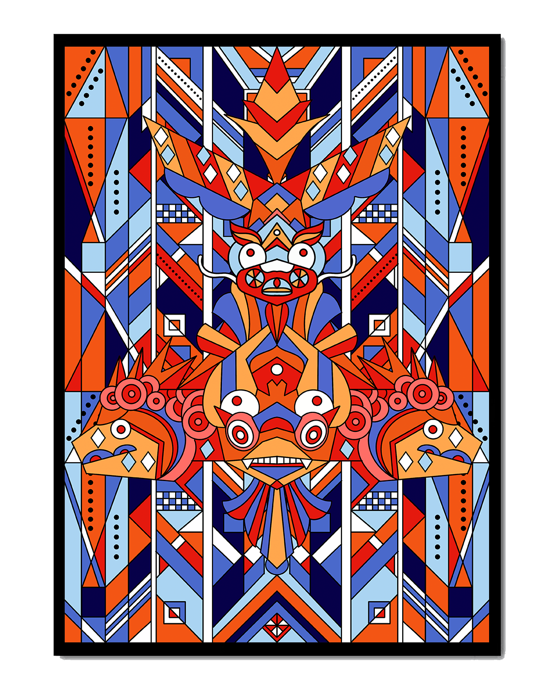 Arte tribal geométrico con colores vibrantes y patrones simétricos