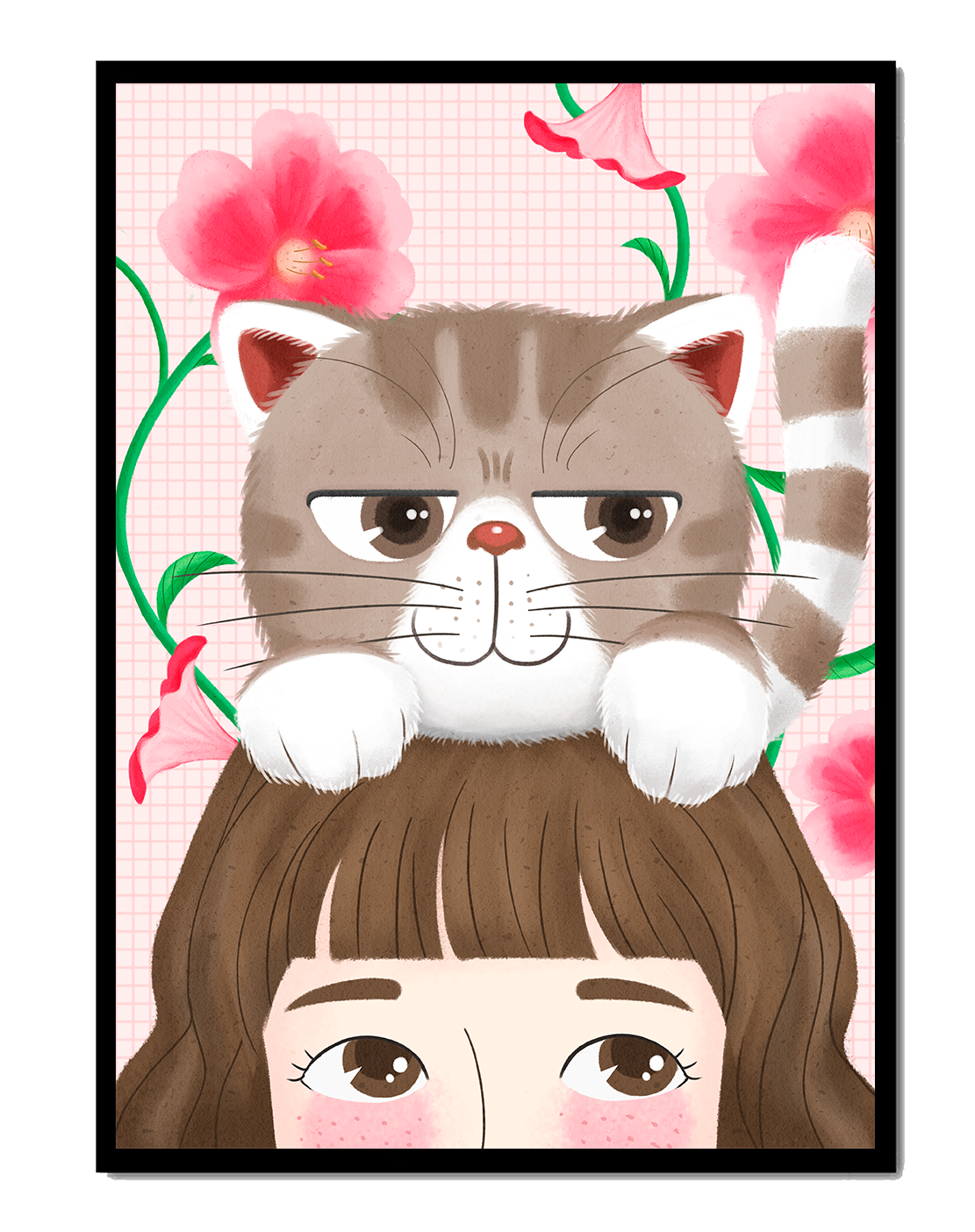 Illustration of a cat sitting on a person's head with pink flowers
