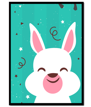 Adorable cartoon bunny on teal background with playful elements