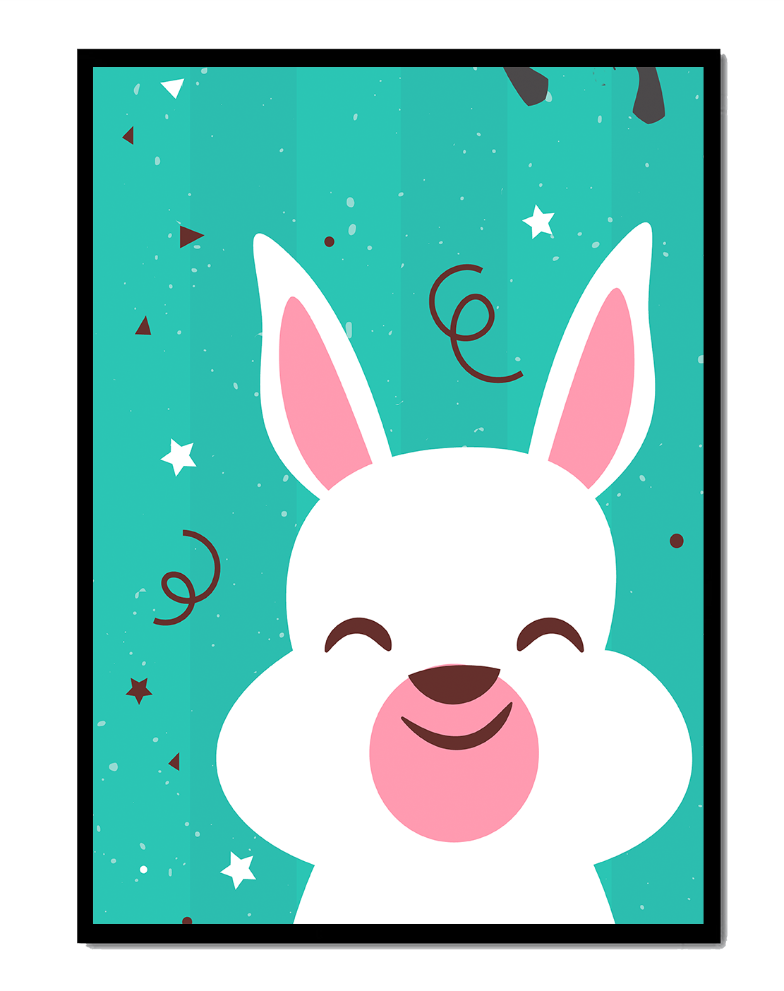 Adorable cartoon bunny on teal background with playful elements