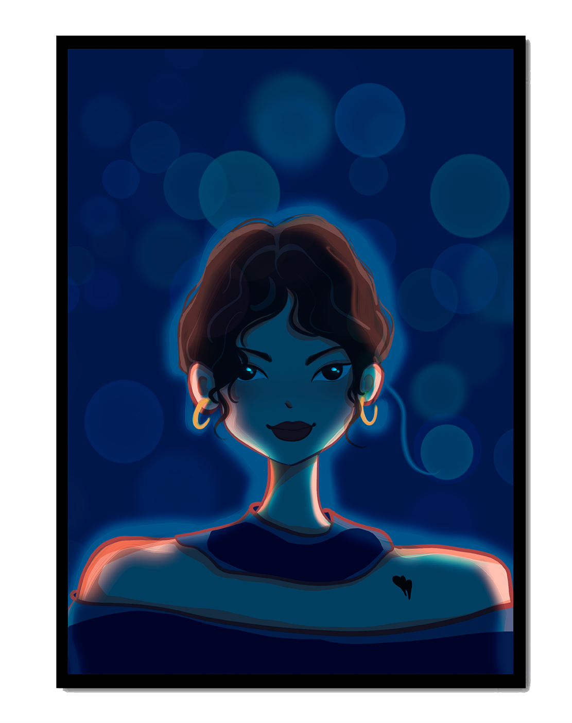 Illustration of a woman with bokeh lights and stylish earrings