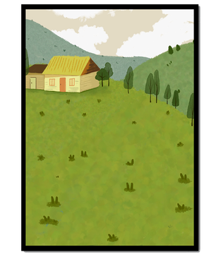 Charming countryside landscape with house and green hills