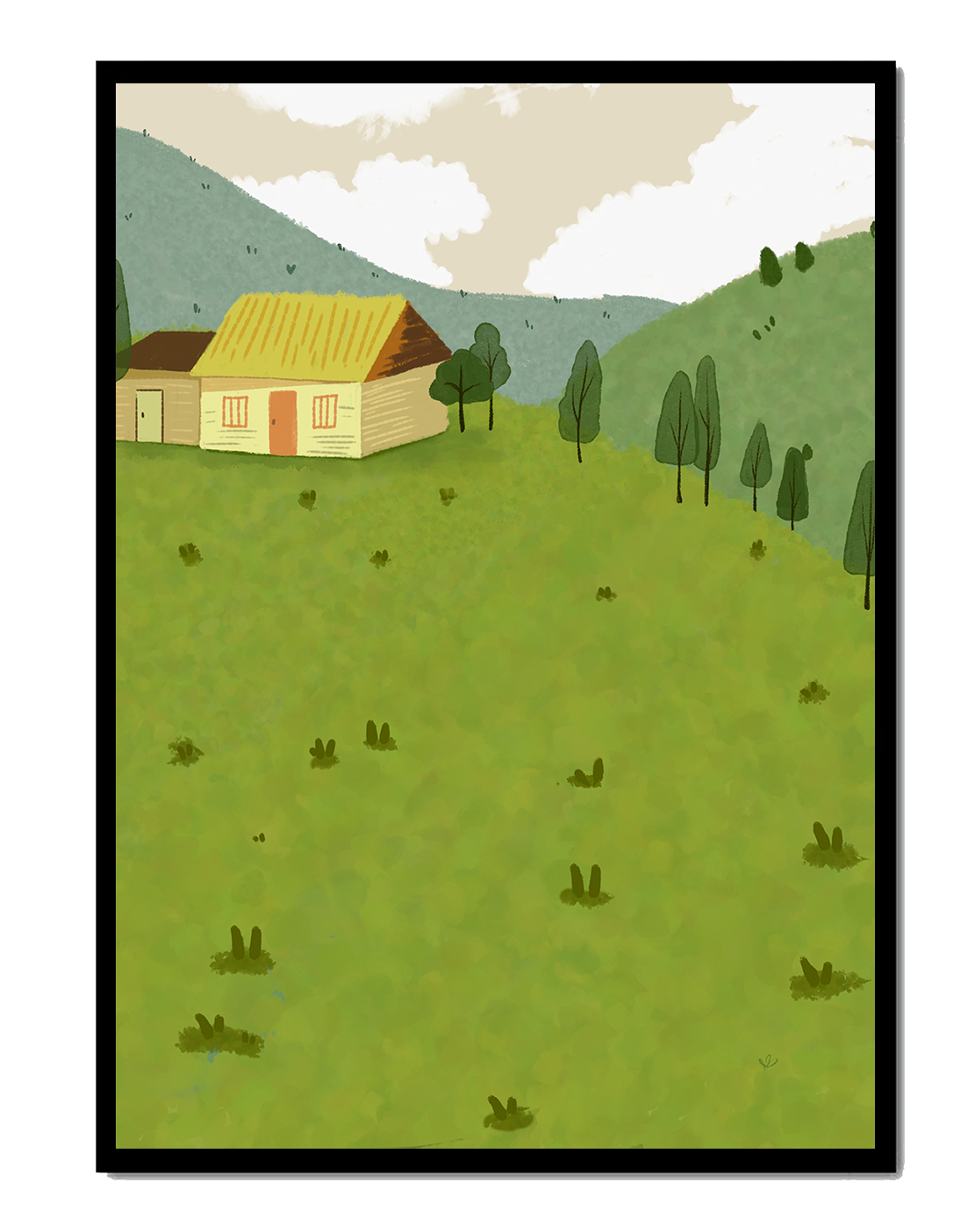 Charming countryside landscape with house and green hills