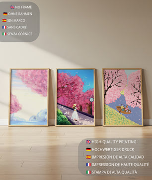 Peintures de fleurs de cerisier encadrées avec de magnifiques paysages