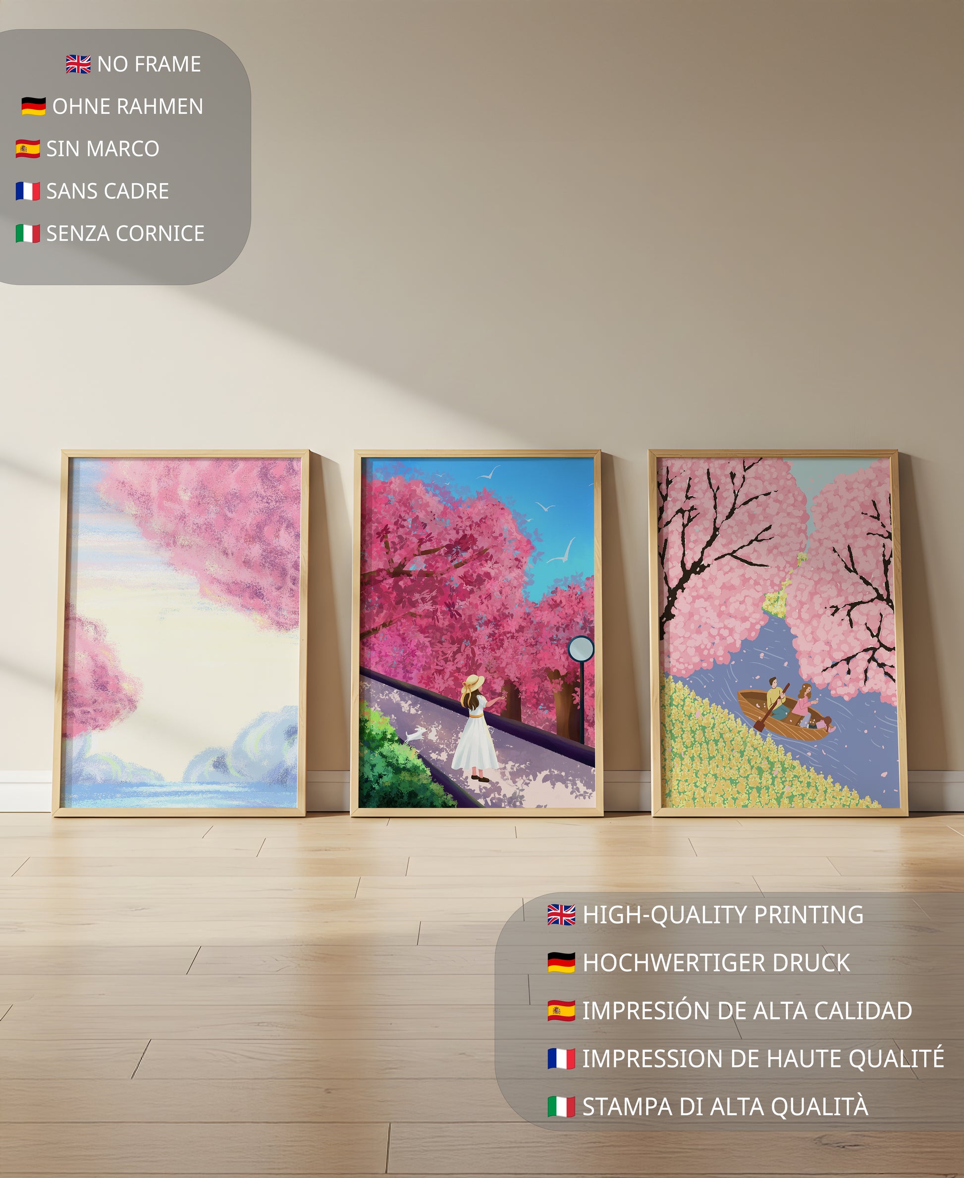 Peintures de fleurs de cerisier encadrées avec de magnifiques paysages
