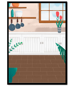 Cozy kitchen interior with wooden accents and potted plants