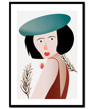 Mujer con sombrero azul y flor en estilo arte moderno