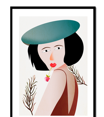 Woman with Blue Hat and Flower in Modern Art Style