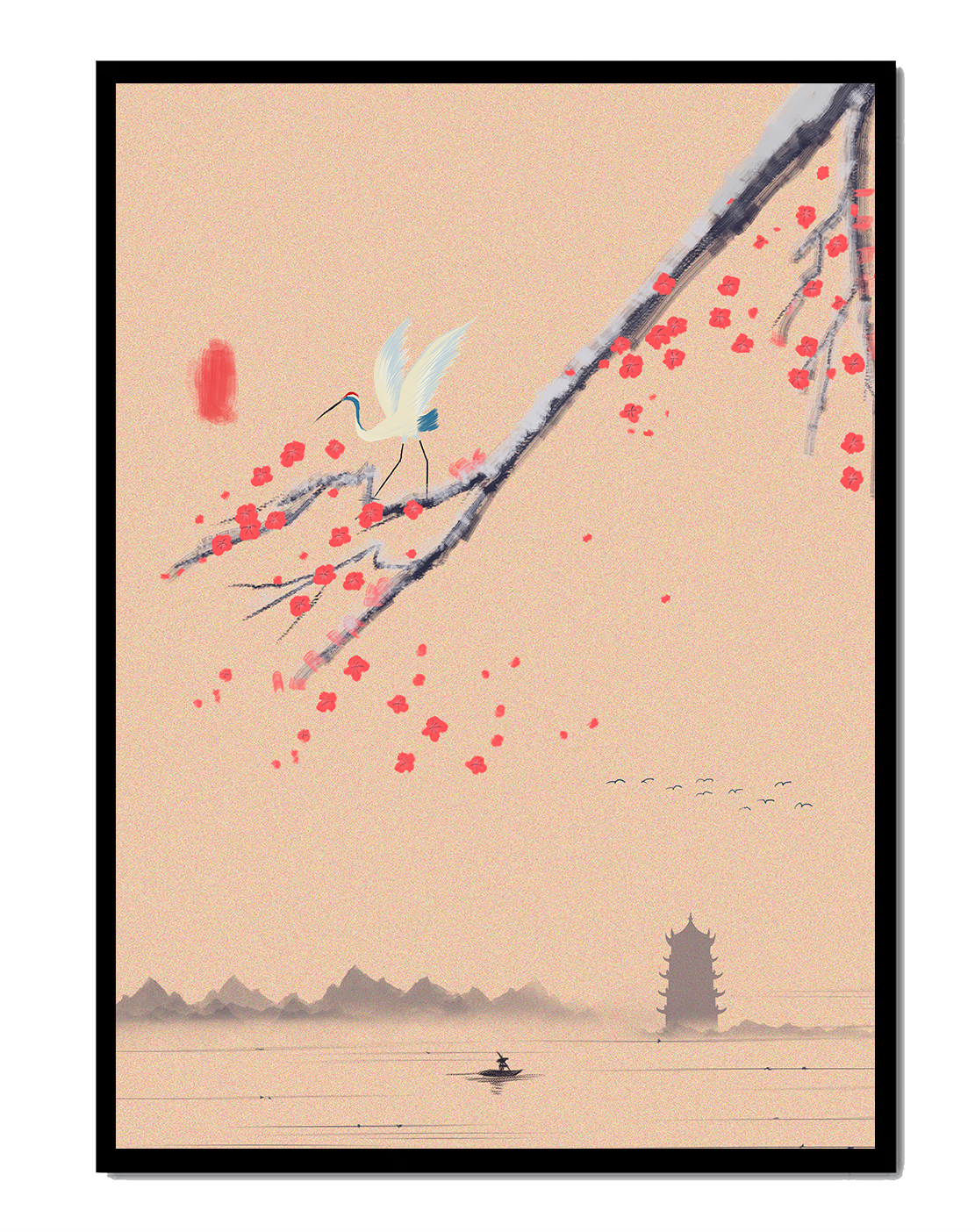 Paisaje asiático sereno con garza y flores