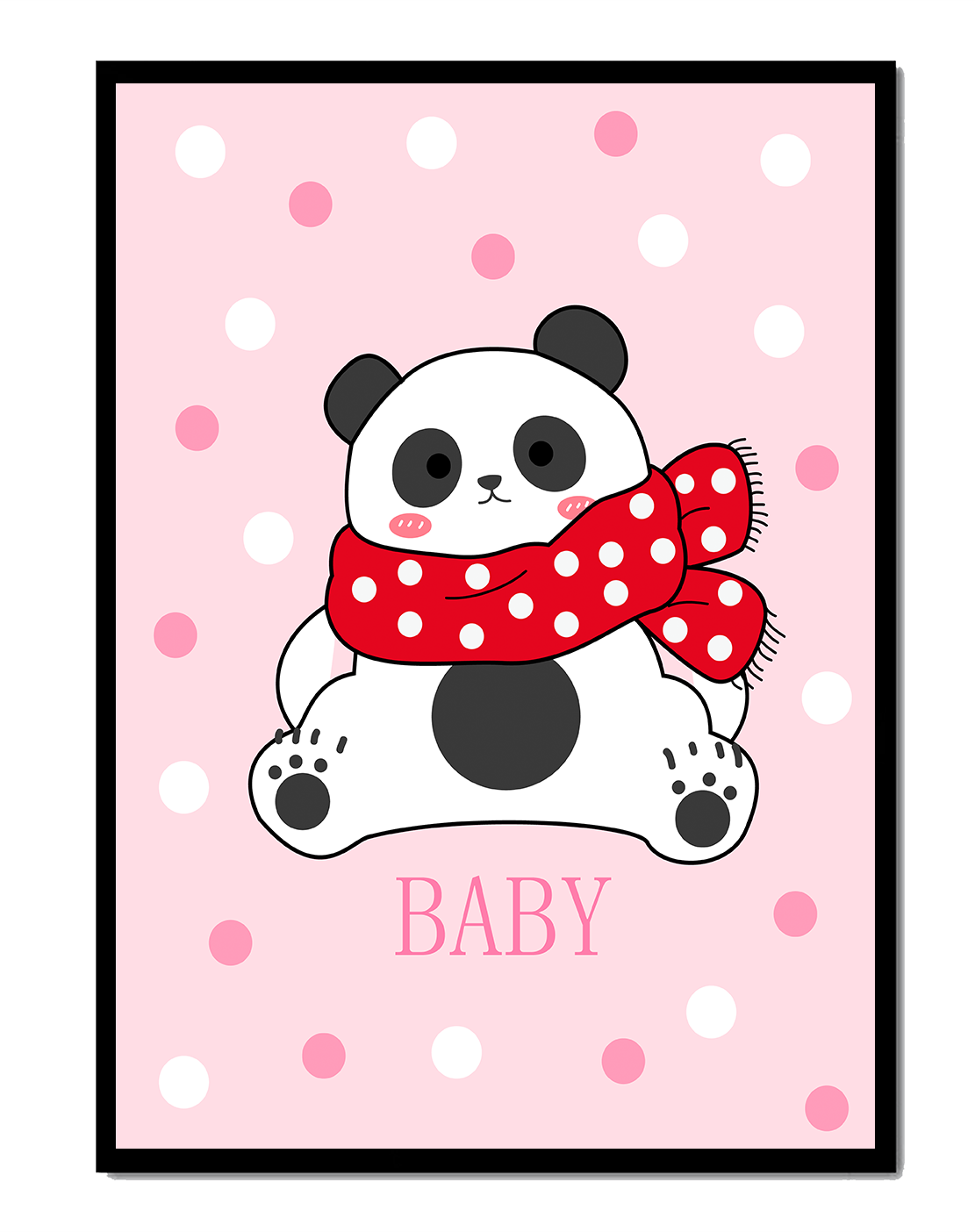 Cartoon panda with red scarf on pink polka dot background