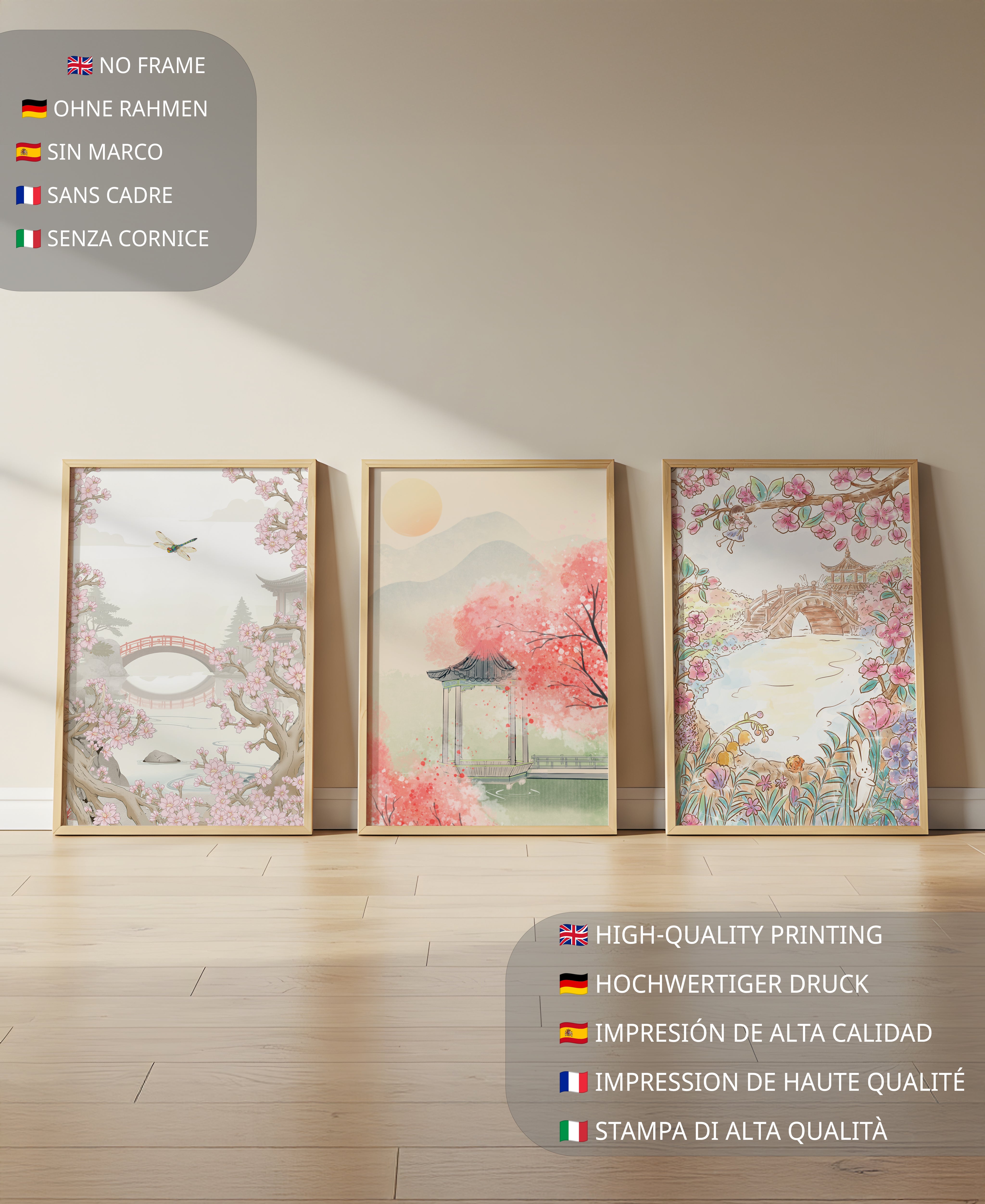 Tríptico Oriental de Paisajes en Tono Pastel