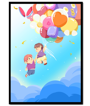 Ilustración caprichosa de niños en el cielo con globos de colores