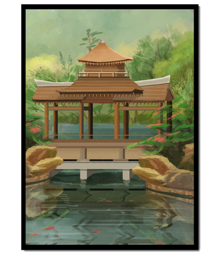Traditional Japanese Garden Pavilion with Scenic Pond and Lush Greenery