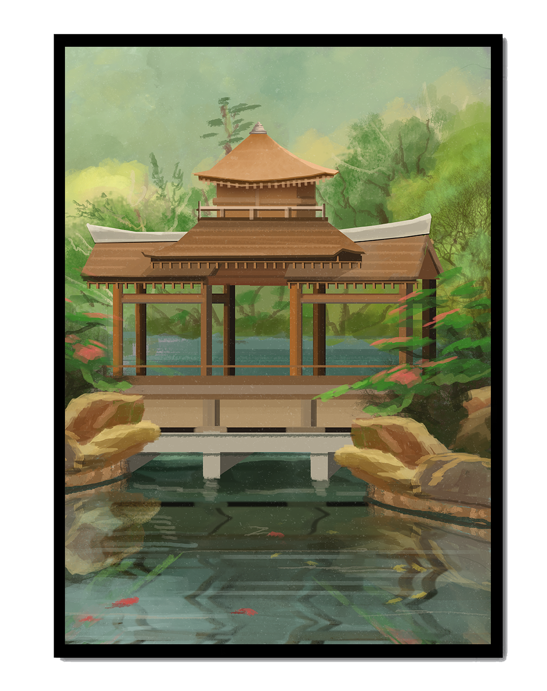 Traditional Japanese Garden Pavilion with Scenic Pond and Lush Greenery
