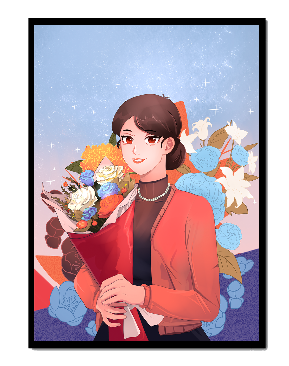 Woman holding bouquet with floral background