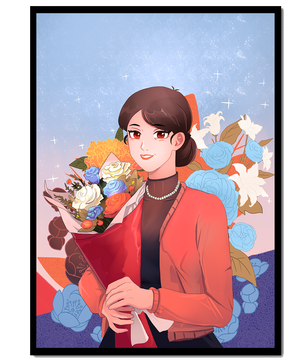 Mujer sosteniendo ramo con fondo floral