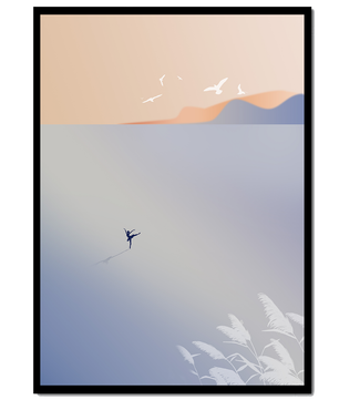 Serene Seaside with Dancer and Birds in Pastel Colors
