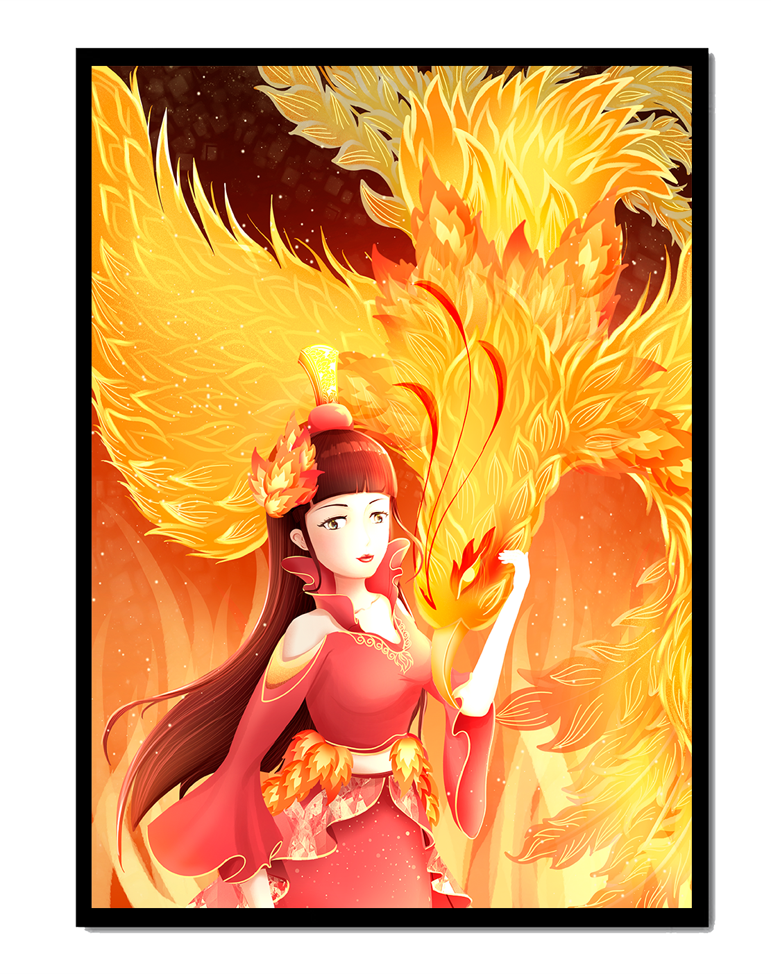 Elegant depiction of a woman with a fiery phoenix