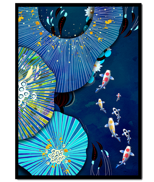 Scène sous-marine vibrante avec des carpes koï et un motif floral abstrait