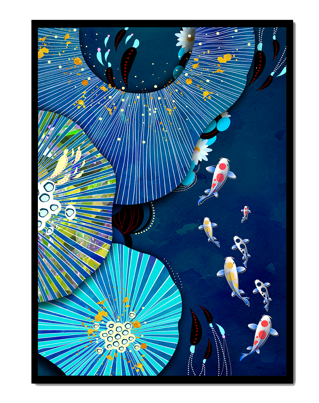 Vibrant underwater scene with koi fish and abstract floral design