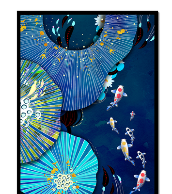 Vibrant underwater scene with koi fish and abstract floral design